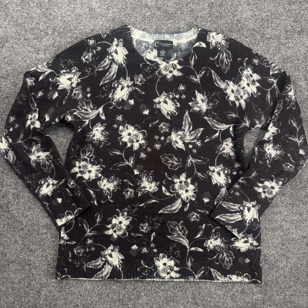 C by Bloomingdale's 100% Cashmere Black White Floral Sweater Size M